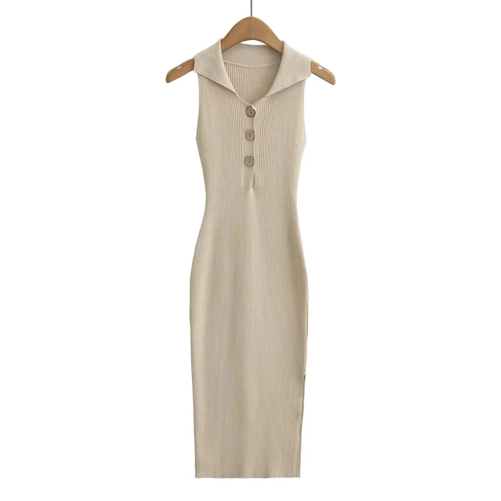 Women Turn-down Buttons Collar Sleeveless Khaki Midi Dress