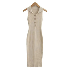 Women Turn-down Buttons Collar Sleeveless Khaki Midi Dress