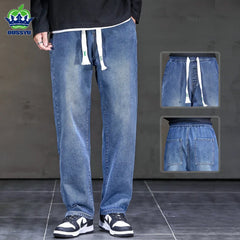 Jeans Men Loose Straight Drawstring Elastic Waist Casual Denim Trousers