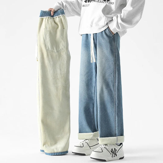 Men's Fleece Thickened Warm Jeans Baggy Straight Fashion Casual