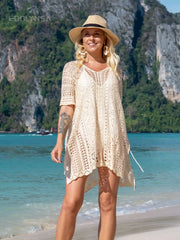 White Crochet Tunic Bikini Cover-ups Hollow Out Short Sleeve Tassel