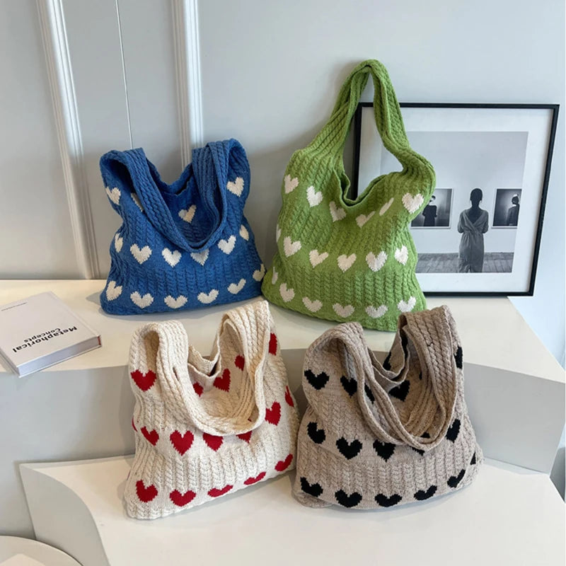 Fashion Heart Shape Pattern Knit Tote Bag Retro style