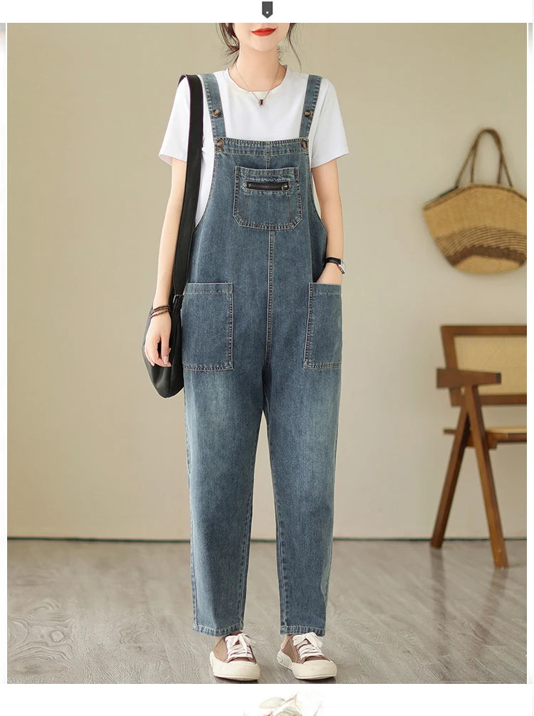 Fashion Denim Jumpsuit Casual Multiple Pockets Cargo Overalls