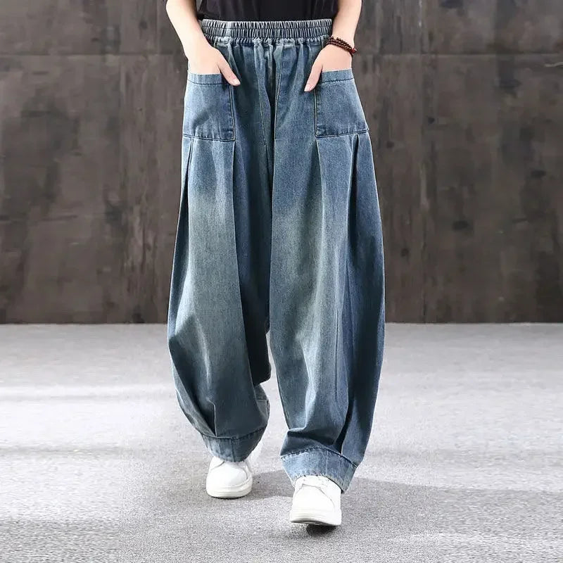 Vintage Casual Button Pockets Harem Pants Elastic Waist