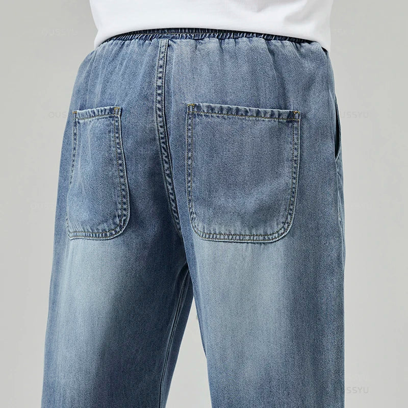 Summer Men's Jeans Loose Straight Pants Elastic Waist