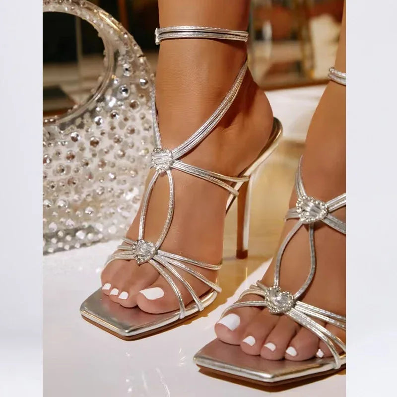 Design Narrow Band Buckle Strap Sandals Square Toe Thin High Heels