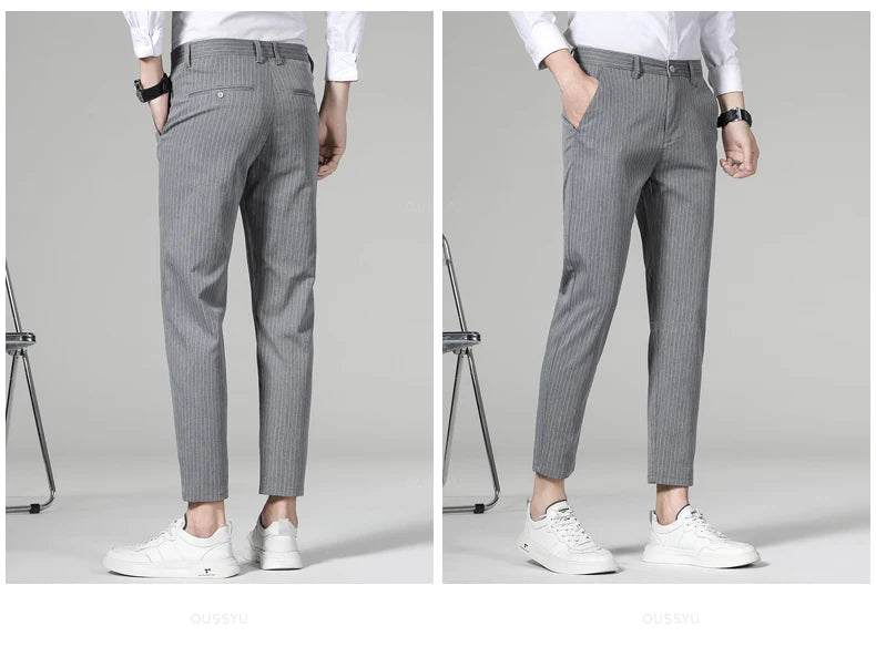 Plaid Stripe Ankle Length Men Business Long Length Pant