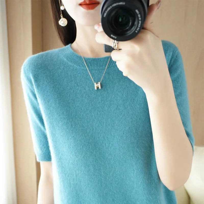 Sweater Short Sleeve O-neck Slim Fit Knitted Pullovers