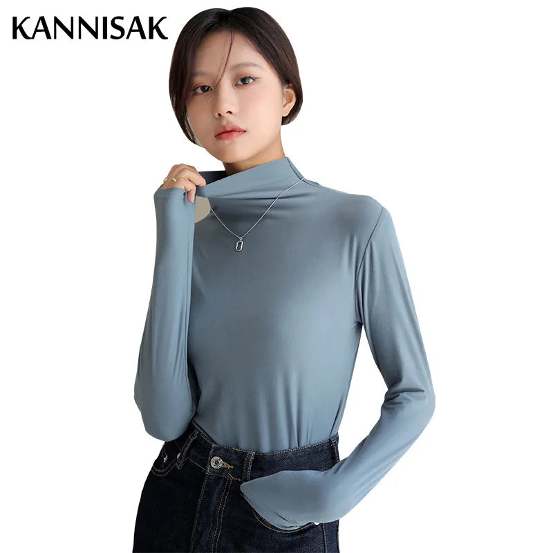 Long Sleeve Turtleneck T-shirts Solid Velvet Casual Tops