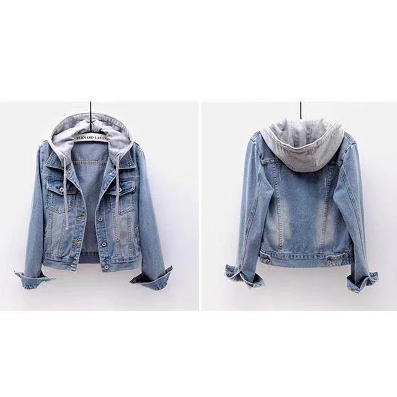 Denim Jacket Woman Hooded Short Style Clothing Retro Long Sleeved