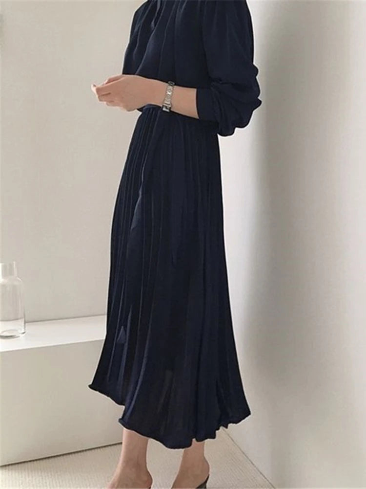 High Waist Shirt Fashion Lace Up Pleated Long Dresses