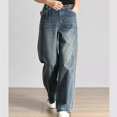 Fashion Patchwork Striped Wide Leg Open Denim Pants