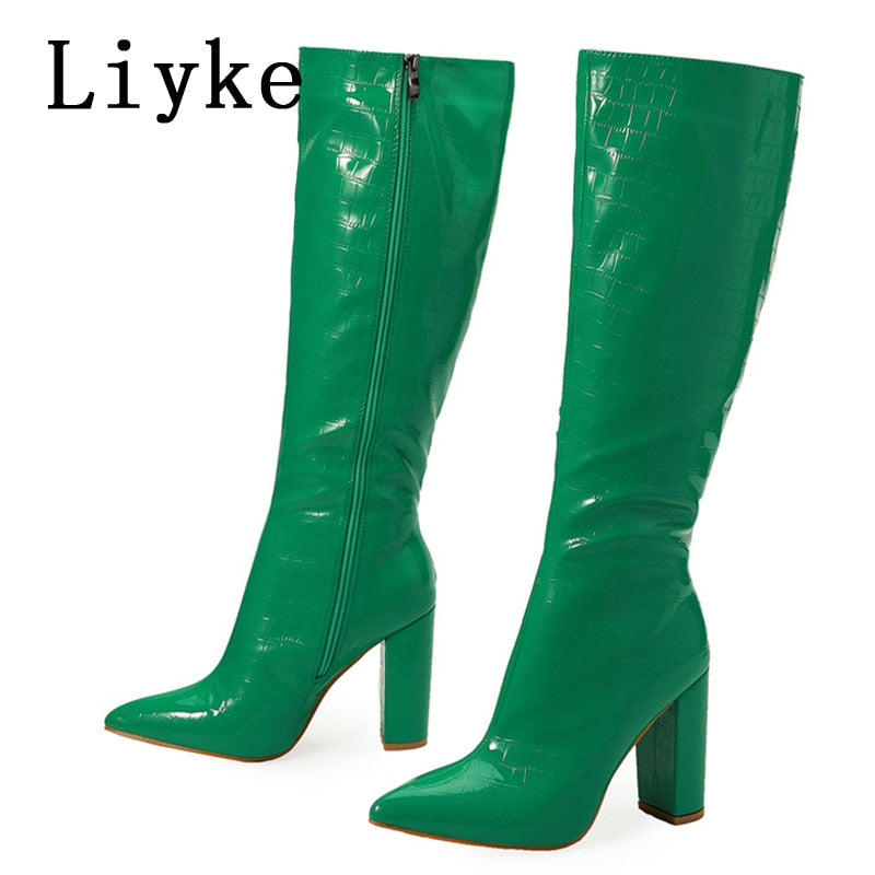 Pointed Toe Zip Knee High Boots Fashion Print Square Heels