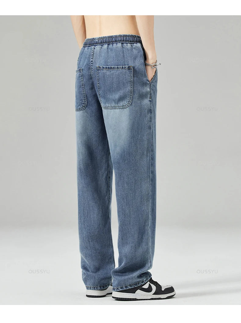 Summer Men's Jeans Loose Straight Pants Elastic Waist