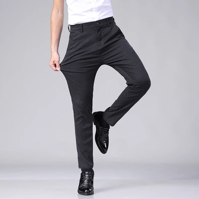 Casual Men Business Thin Straight Pant Brand Elastic Waist