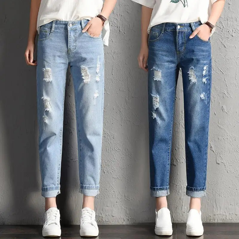 Fashion Mid Waist Boyfriend Big Ripped Hole Jeans Casual Denim Pants