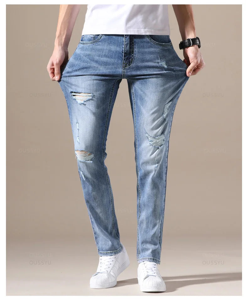 Men Jeans Slim Fit Skinny Denim Elastic Ripped Hole Pant