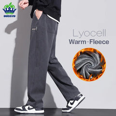 Fleece Casual Pants Men Elastic Waist Straight Thick Work Flocking Trousers