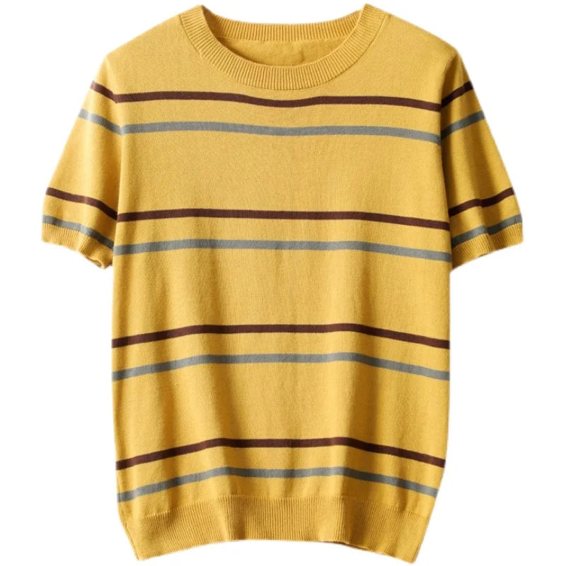 Women Short Sleeve O-neck Knit Tops Stripe Fashion Pullover