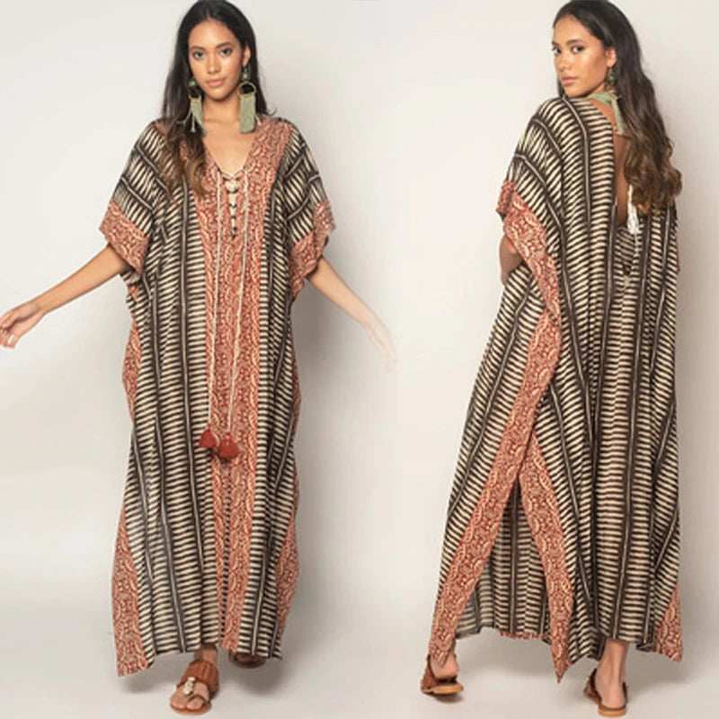 Retro Kaftan Boho Printed V-neck Tassel Maxi Dress