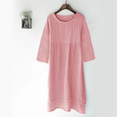 Vintage Cotton Gauze Summer Dress Solid O-Neck Short Long Basic