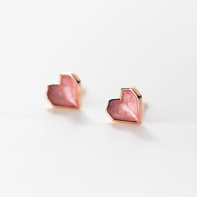 Silver Pink Enamel Hearts Stud Earrings Jewelry