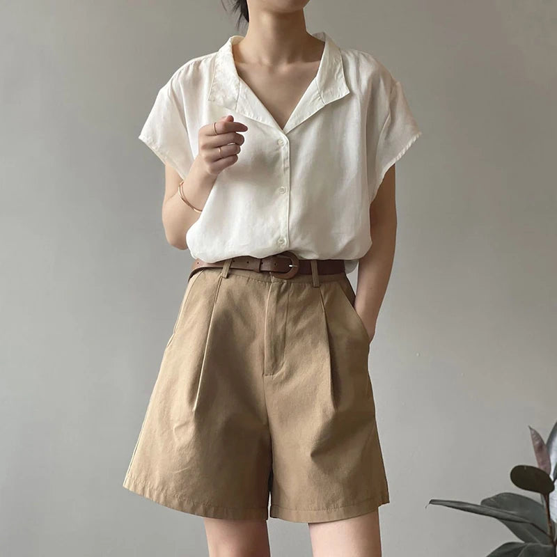 Belt Pure Cotton High Waist Wide Leg A Line Suit Shorts