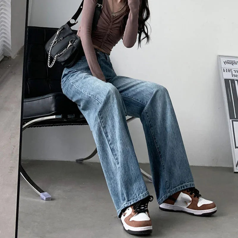 Women's High Waist Straight Jeans Streetwear Boyfriend Denim Pants