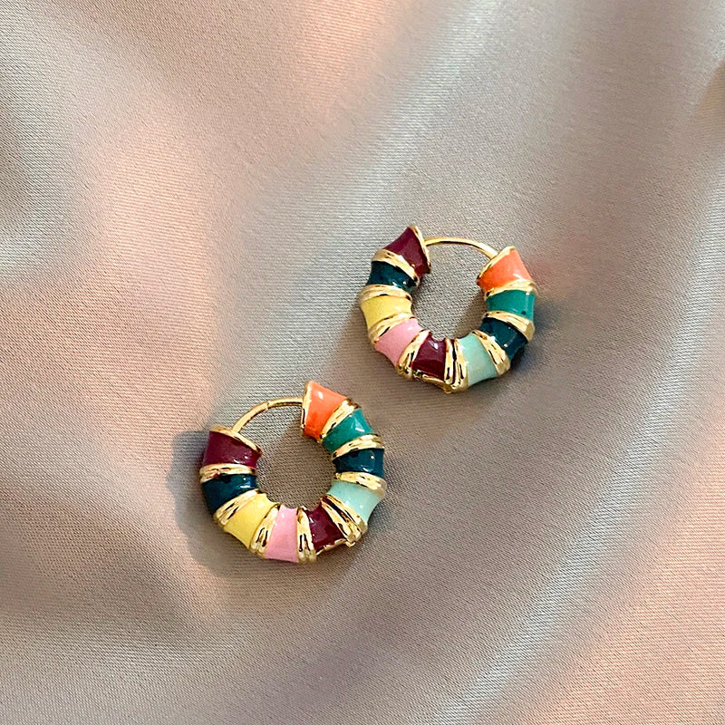 Retro Color Enamel Round Gold Color Ear Buckle Hoop Earrings