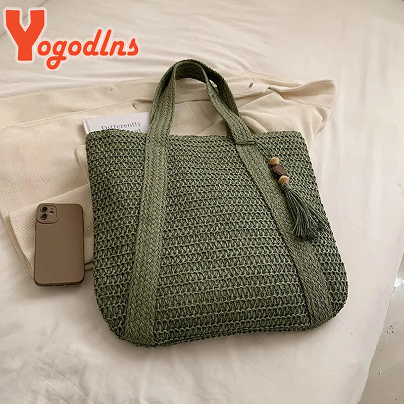 Design Straw Woven Tote Bag Casual Large Capacity Tassel Handbags