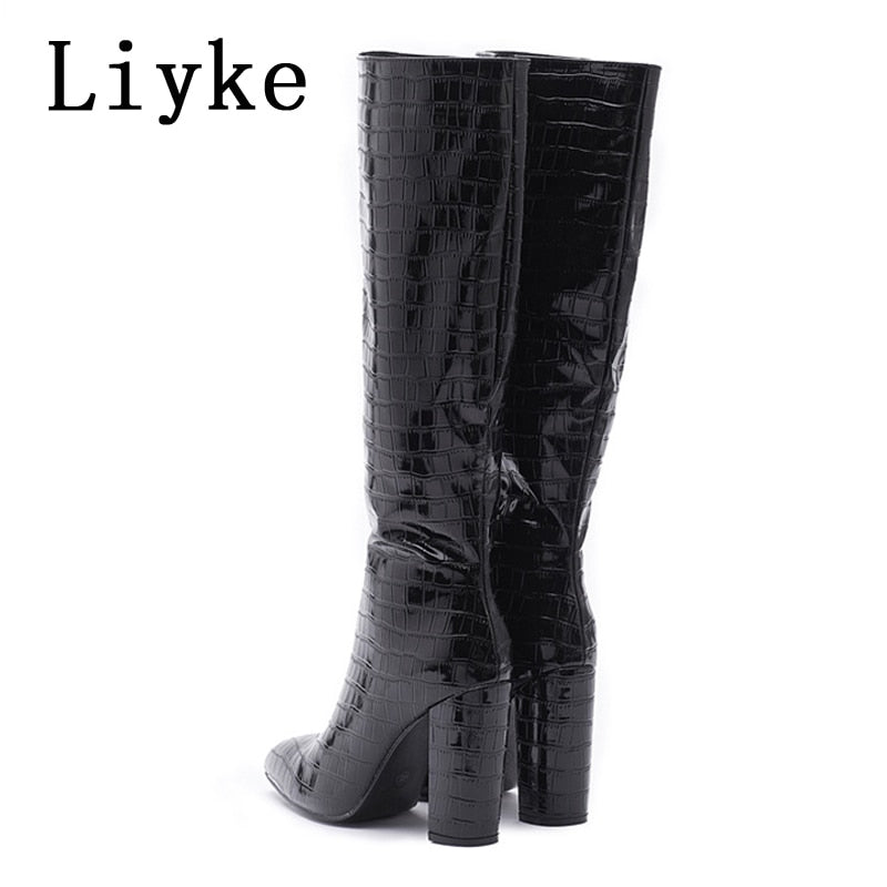 Pointed Toe Zip Knee High Boots Fashion Print Square Heels