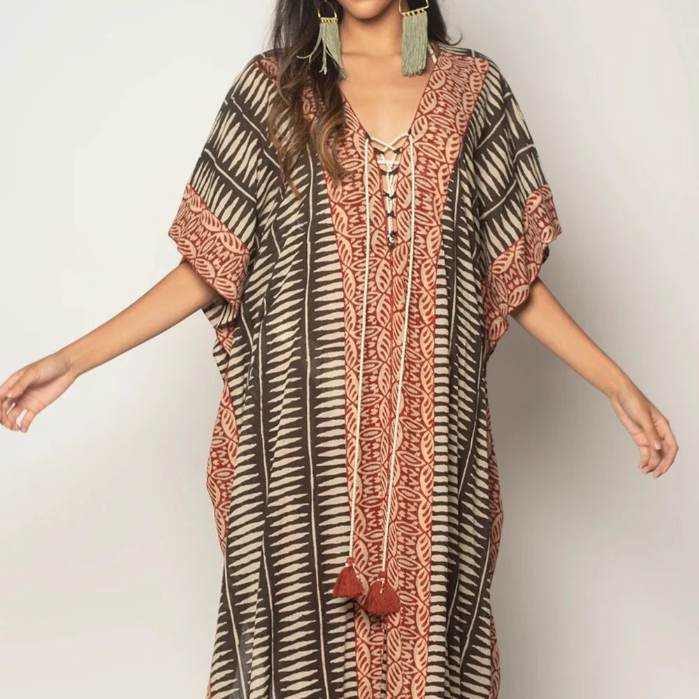 Retro Kaftan Boho Printed V-neck Tassel Maxi Dress