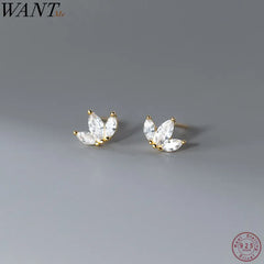 Silver Shiny Small Leaf Zircon Stud Earrings Fashion Jewelry