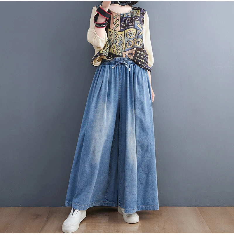 Fashion Elastic Waist Loose Casual Jeans Streetwear Wide Leg Vintage