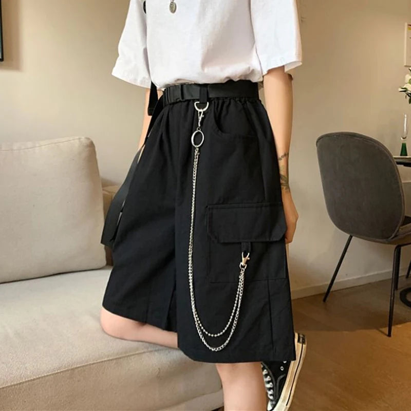 Harajuku Chain Cargo Shorts Big Pockets Wide Leg