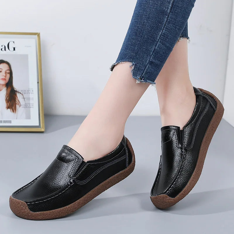 Women Female Ladies Mother Genuine Leather Shoes Flats Loafers