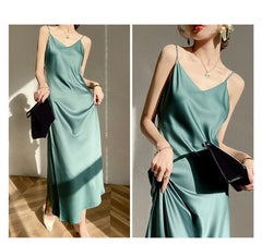 Vintage Satin Women's Dress Summer Spaghetti Strap Long Maxi