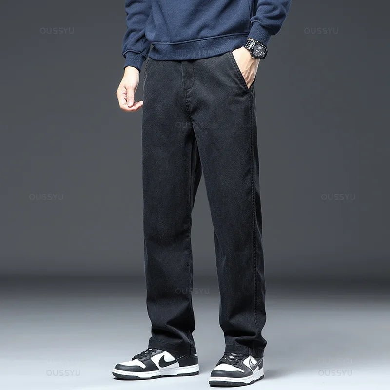 Men Elastic Waist Loose Straight Four Seasons Denim Trousers