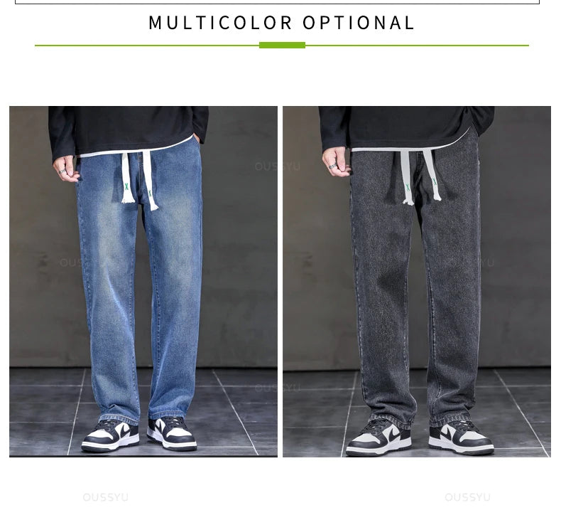 Jeans Men Loose Straight Drawstring Elastic Waist Casual Denim Trousers