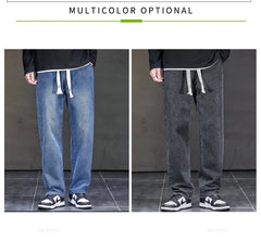 Jeans Men Loose Straight Drawstring Elastic Waist Casual Denim Trousers