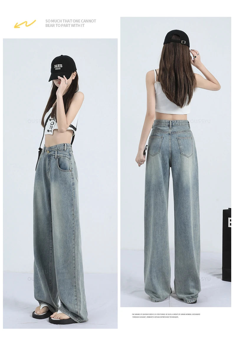 Woman Jeans Thin Loose Wide Leg Straight High Waisted Pant