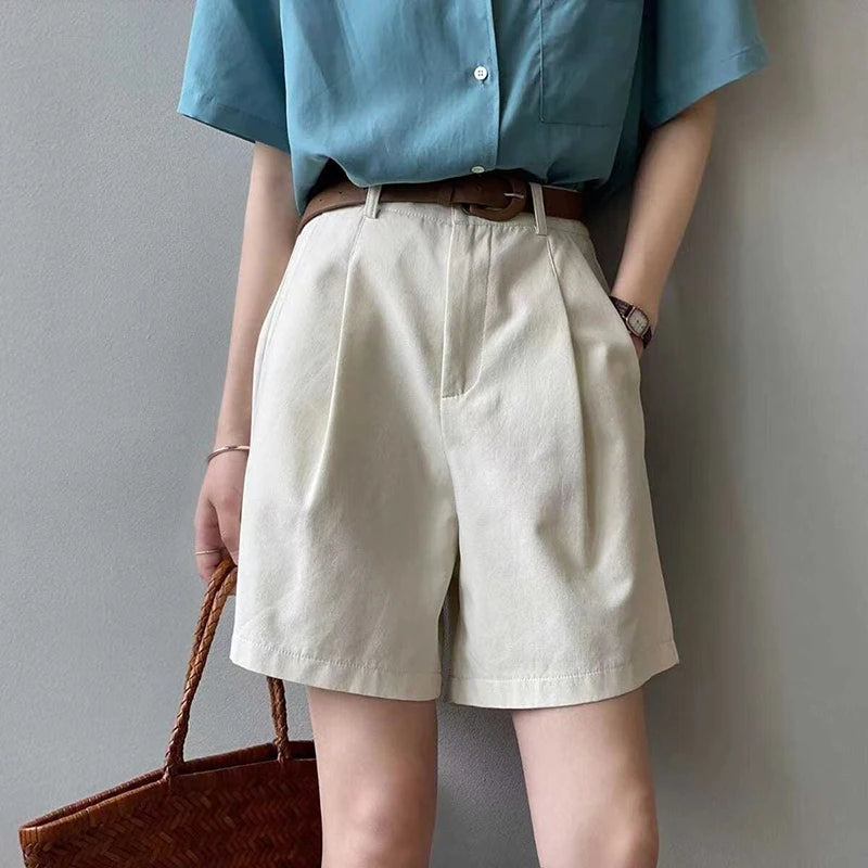 Belt Pure Cotton High Waist Wide Leg A Line Suit Shorts