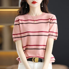 Women Short Sleeve O-neck Knit Tops Stripe Fashion Pullover