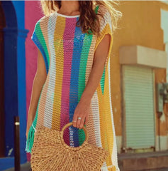 Stripe Tassel Casual Short Sleeve Knitting Bikini Cover-ups