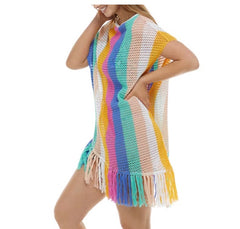 Stripe Tassel Casual Short Sleeve Knitting Bikini Cover-ups