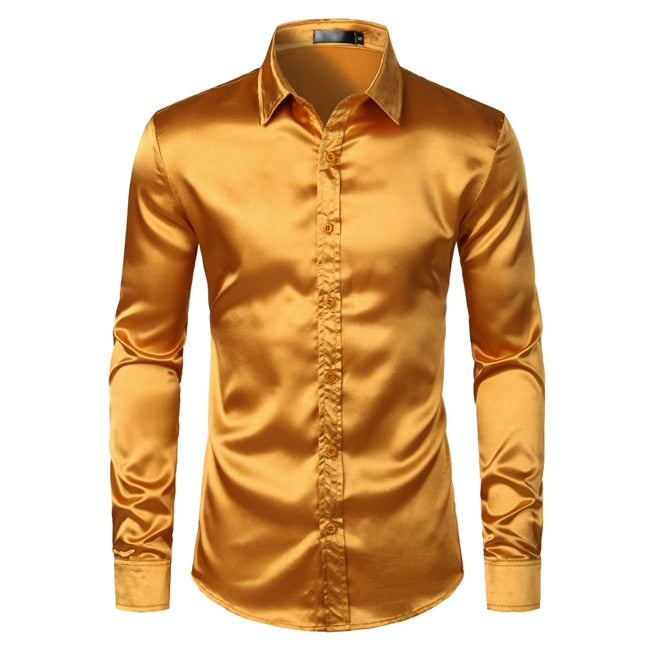 Men Shirts Silk Smooth Shirt Slim Fit Casual Shirt