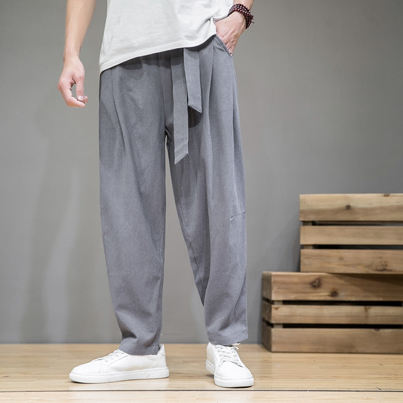 Linen Pants Men Elastic Waist Casual Harem Pant Loose Sweatpants Trousers