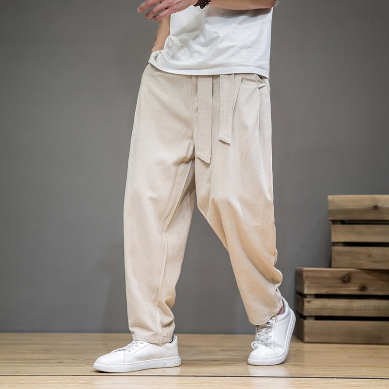 Linen Pants Men Elastic Waist Casual Harem Pant Loose Sweatpants Trousers