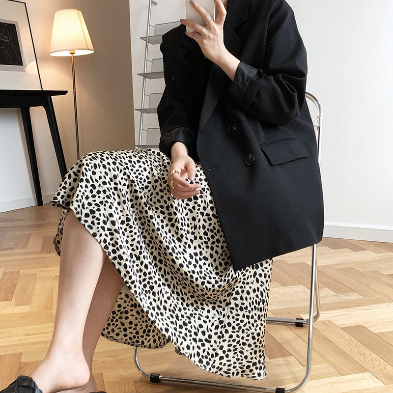 Women A-Line Leopard Print Summer Skirt Stretch High Waist Long Skirt