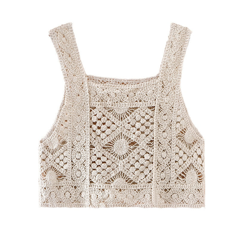 Crocheted Short Tank Tops Hollow Knit Vest Sling Short Top